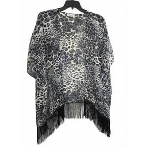 Soul Young Black and White Leopard Print Fringe Kimono
